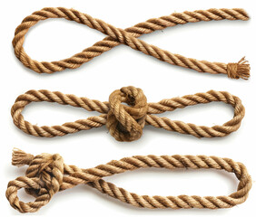 Obraz premium Three pieces of thick rope isolated on a white background, with two knots.