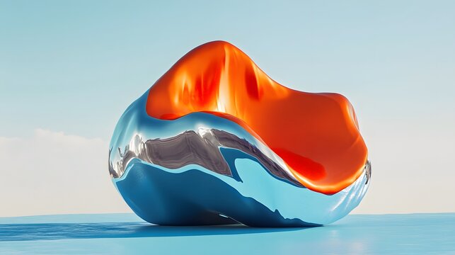 surrealistic scene dominated by a bright orange 3d object with organic forms, featuring an expanded silver chrome abstract shape ruling the sky blue gradient background. mysterious light blue objects