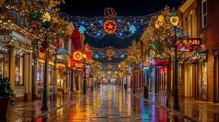 Christmas Lights and Decorations in Downtown City Street