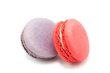 Sweet colorful varied assortment macarons cookies with filling isolated on a white background. Handmade traditional sweets. Clipping Path.	