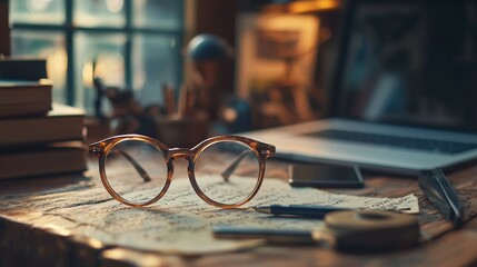 Vintage Glasses on a Cozy Wooden Desk with Writing Materials