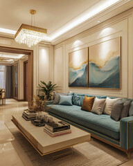 an editorial photograph of a large traditional American living room taken from perspective
from the hallway, with a high, flat ceiling. contemporary sofa with teal wool upholstery
textured. off white 