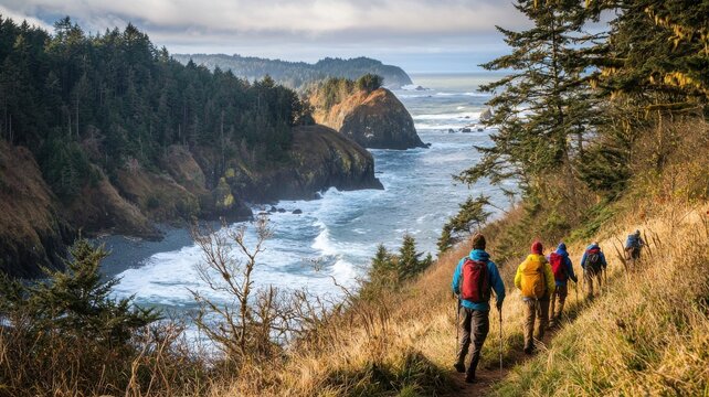 A group of people are hiking up a hill with a beautiful view of the ocean in the