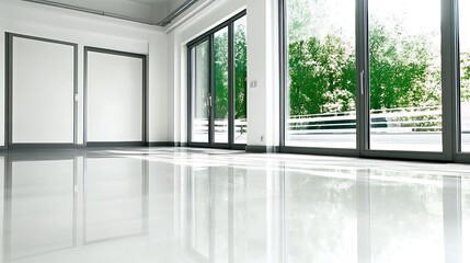 Modern Minimalistic Concrete Coworking Office room with Blank Walls, High Ceilings,and Mockup Frame