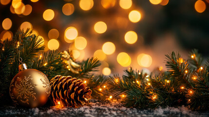 Celebrate the New Year with festive decorations featuring a golden ornament, pinecone, and twinkling lights in a cozy atmosphere