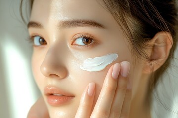 Asian young woman applying cream to her face in routine self care, Generative AI