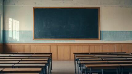 a black board in school class in an empty class room with student desk