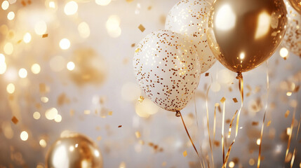 A festive New Year banner featuring golden balloons and shimmering confetti to celebrate the arrival of a new year