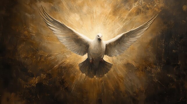 majestic depiction of a dove in flight, symbolizing the holy spirit of ruach, surrounded by ethereal light, conveying a sense of divine creativity and inspiration