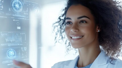 Obraz premium nurse interacts with a patient using advanced quantum technology, such as a holographic stethoscope and digital diagnostics.