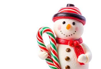Fototapeta premium A snowman holding a candy cane isolated with transparent background