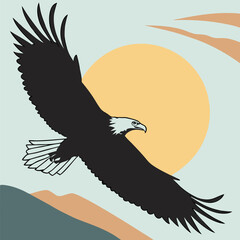 A majestic bald eagle soars through the sky, its wings spread wide against a backdrop of a vibrant sunset. This captivating illustration captures the power and beauty of nature's most iconic birds.