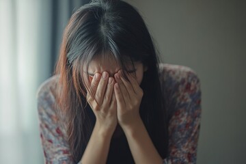 Family problems, Asian women cover her face and sit separately from husband feel disappointed after quarrels at home, Generative AI