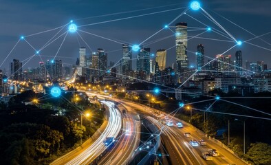 Obraz premium Futuristic cityscape with digital lines and light trails, representing the next wave of urban tech innovation. 