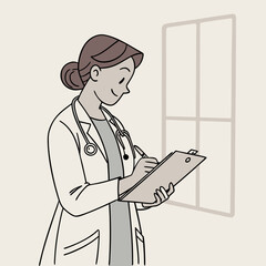 A female doctor is writing on a clipboard, standing near a window. She is wearing a white coat and stethoscope, showcasing her professionalism and attentiveness.