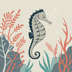 A charming illustration of a seahorse swimming among coral reefs. This adorable design is perfect for adding a touch of whimsy to children's books, ocean-themed decor.