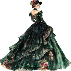 Elegant Victorian Woman in Dark Green and Black Gown with Floral Accents and Lace, Vintage 19th Century Fashion from Back View

