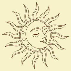 A celestial illustration of the sun and moon, featuring a crescent moon with a smiling face nestled within the sun's rays. This design evokes a sense of peace, harmony.