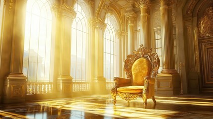 majestic throne room featuring an ornate golden chair, surrounded by opulent decor. light streams in from grand windows, illuminating the rich colors and textures of this regal space
