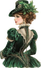
Elegant Victorian Woman in Green Dress with Lace and Floral Hat, Vintage 19th Century Fashion Portrait

