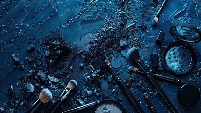 A dark blue textured background with makeup brushes and cosmetics scattered around