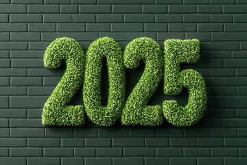 grass numbers ‘2025’ on a brick background