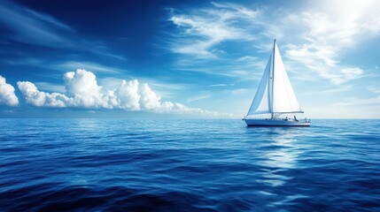 majestic white sailboat gliding through deep blue ocean waters, capturing the essence of freedom and adventure, panoramic view showcasing the horizon meeting the sky