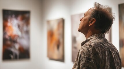 man observing a captivating painting in an art gallery, surrounded by soft lighting and elegant decor, evoking a sense of contemplation and appreciation for art