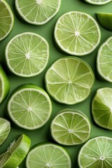 A close up of lime slices on a green background. The lime slices are cut in half and arranged in a pattern. Concept of freshness and health, as limes are known for their high vitamin C content