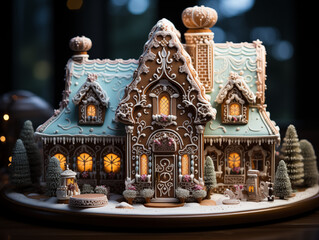Fototapeta premium Creative Young Woman Crafting a Stunning Gingerbread House with Intricate Details, Capturing the Spirit of the Holidays and Evoking Memories of Joyful Celebrations, Perfect for Holiday Decor and Festi