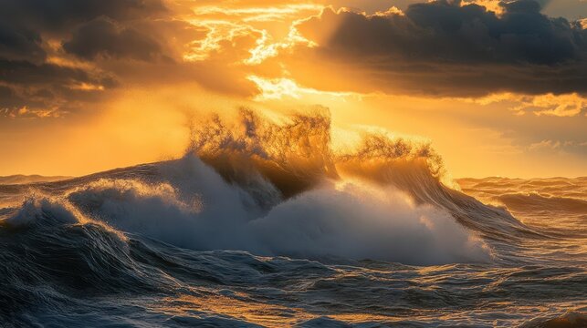 massive waves crashing in a tumultuous ocean, with golden sun rays breaking through clouds during sunset, capturing the raw power of nature's beauty