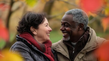 mature couple enjoying a leisurely moment in a park, happily bonding through conversation and laughter, surrounded by nature, capturing the essence of love and companionship