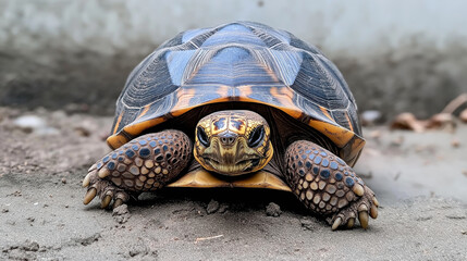 Close-up of a radiated tortoise with a distinctive patterned shell resting on sandy ground in a natural setting.