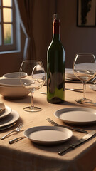 Dining table with wine and white dishes
