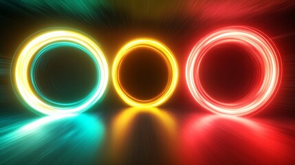 Naklejka premium Round glowing yellow, red, and green neon lights. 