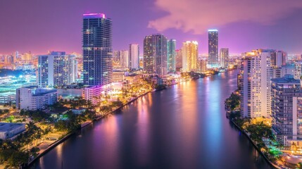 Fototapeta premium City Skyline at Night with Reflections on Water