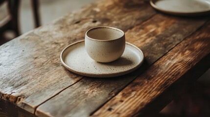 minimalist ceramic cup and plates arranged on a rustic wooden table, showcasing the beauty of handmade pottery with a focus on simple, elegant design and craftsmanship