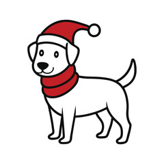 Christmas Dog with Santa Hat Vector Line Art - Festive Holiday Pet Illustration