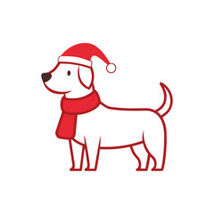 Christmas Dog with Santa Hat Vector Line Art - Festive Holiday Pet Illustration
