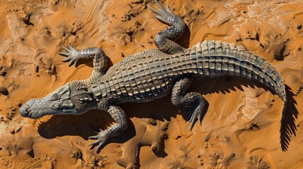 Top view of a crocodile on the ground in a desert landscape