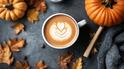 Latte art coffee cup surrounded by autumn leaves, pumpkins, and a cinnamon stick on a dark surface