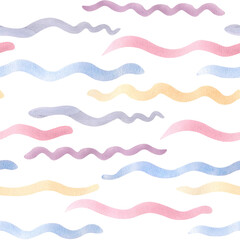 Horizontal wave lines various colors in watercolor seamless pattern isolated. Lines brush drawn in shades of peach, pink, blue, and lavender for marine background. Wavy stripes sea texture for kids.