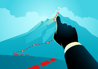 Businessman's hand directing toward a flag on a mountain peak, symbolizing ambition, success, leadership, goal achievement, and strategic planning.