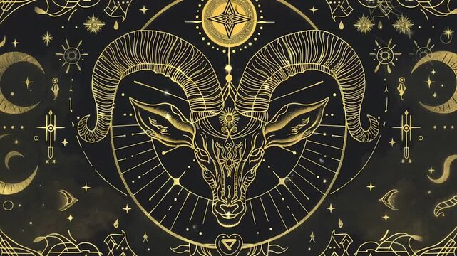 Satanic ornate depiction of a mystical goat god with intricate gold patterns and celestial elements against a dark, starry background. Golden and black drawing glowing