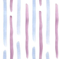 Stripped blue lilac watercolor seamless pattern isolated. Vertical paintbrush lines on repeated texture in soft tones. Stripes, lines hand drawn for marine background. Lines brush nautical style.