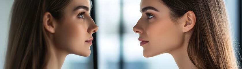 Fototapeta premium Side profile of woman facing her reflection, contrasting personalities in mirror