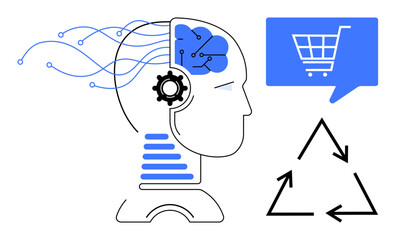 Human head with electronic brain and circuits. Shopping cart and speech bubble indicating e-commerce. Recycling symbol showing sustainability. Ideal for AI, tech, e-commerce, innovation, environment