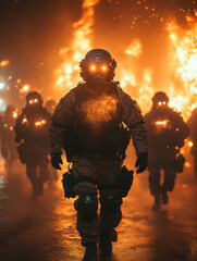 Intense Full-Body Shot of Tactical Soldier with Glowing Eyes Advancing Through Fiery Battlefield Scene