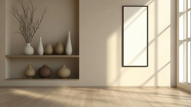 minimalistic room with sleek, modern shelves displaying an array of elegant vases in calming earth tones, with a vacant vertical frame inviting personal artwork