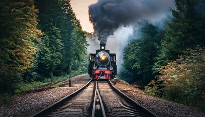 Obraz premium tren de vapor clásico que viaja por medio de un bosque con la luz del atardecer; conceptos de transporte y turismo ferroviario, viajes,
